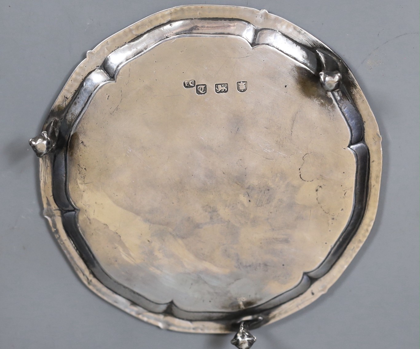 A George III silver waiter, on three claw and ball feet, John Cox? London, 1774, 15.4cm, 7oz.